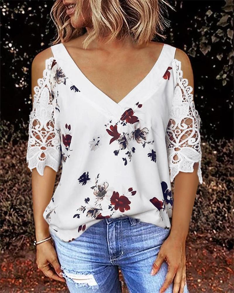 

Floral Print Eyelet Embroidery Cold Shoulder Top, White