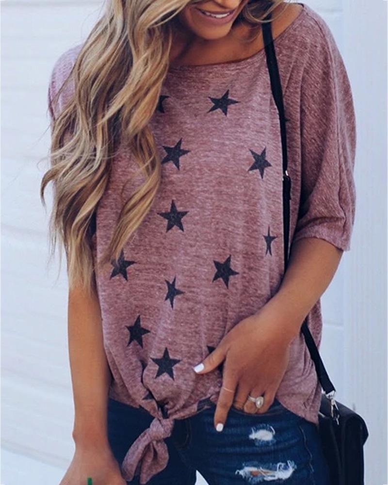 

Stars Print Round Neck Casual T-shirt, Purple