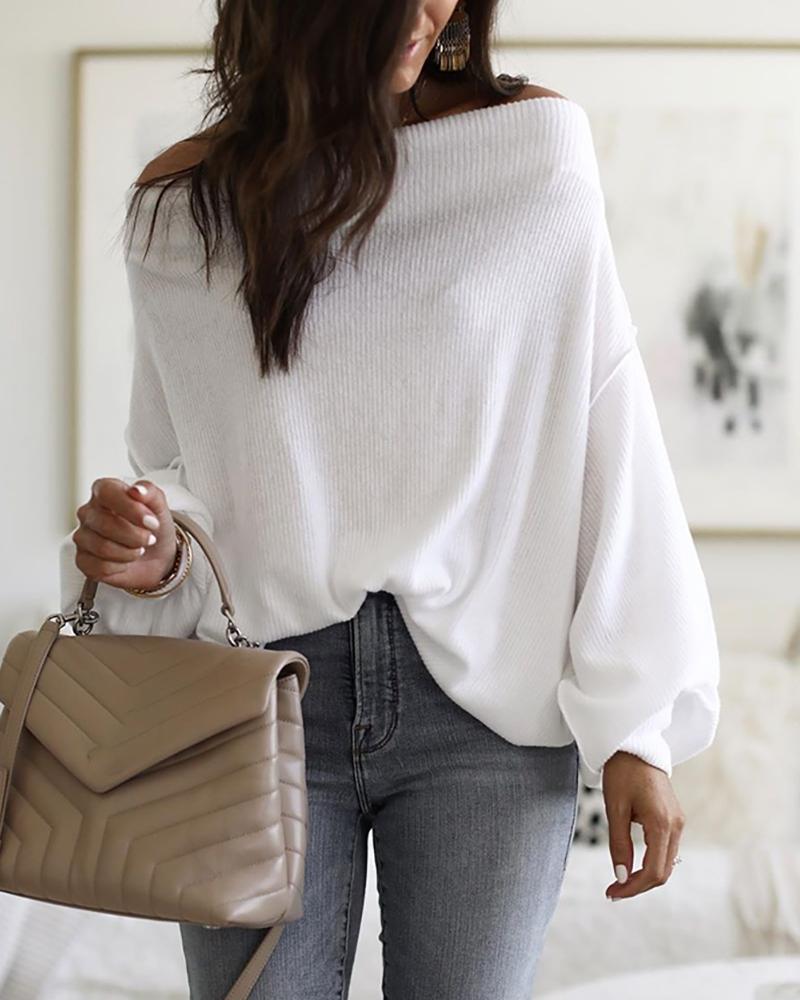 

Off Shoulder Lantern Sleeve Knit Casual Sweater, White