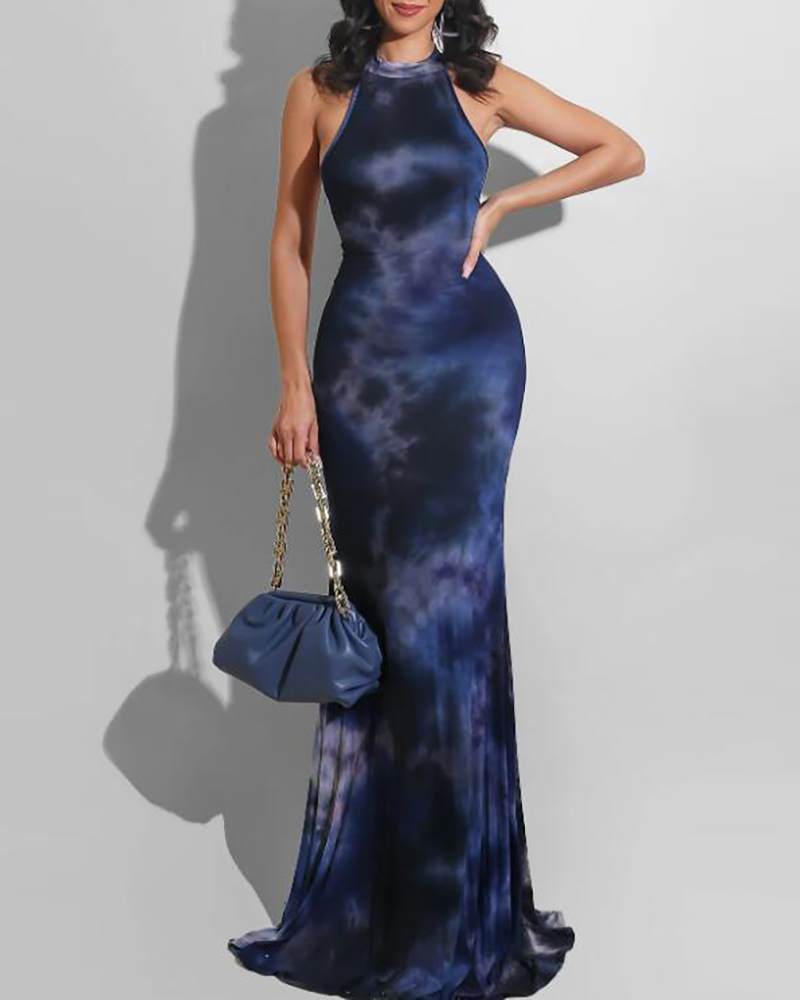 

O Neck Butterfly Print Prom Maxi Dress, Dark blue