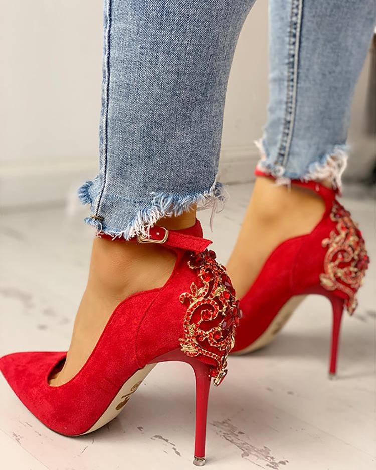 

Gem-Studded Pointed Toe Ankle Strap Heels, Red