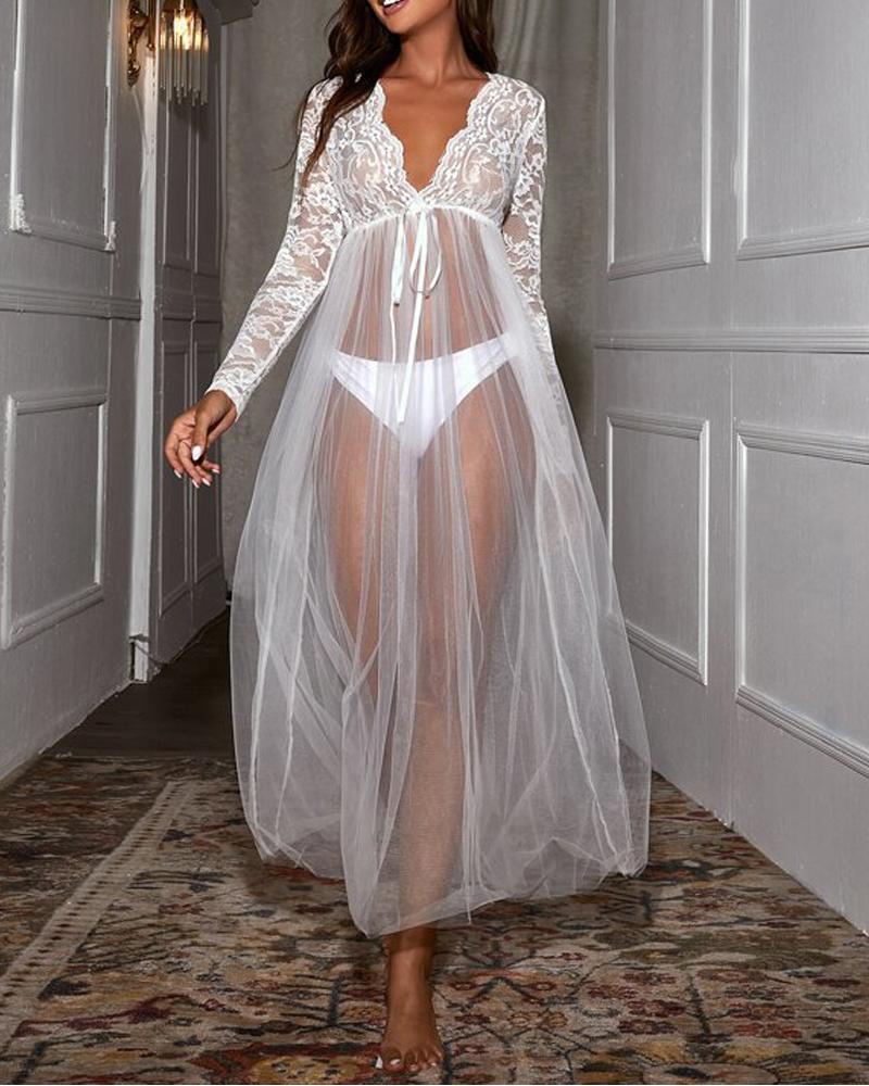 

Long Sleeve V-Neck Sheer Mesh Lace Babydoll, White
