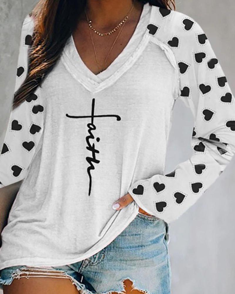 

Heart Letter Pattern Print Long Sleeve Top, White