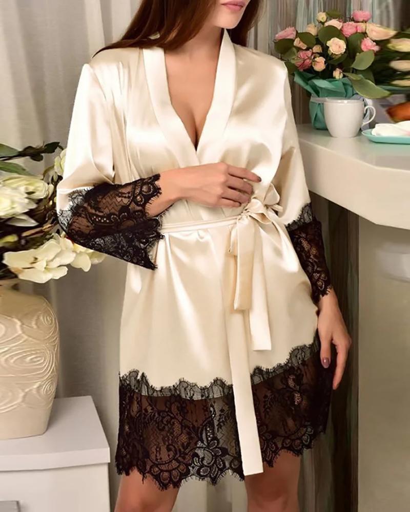 

Eyelet Lace Patch Satin Long Sleeve Robe, Apricot