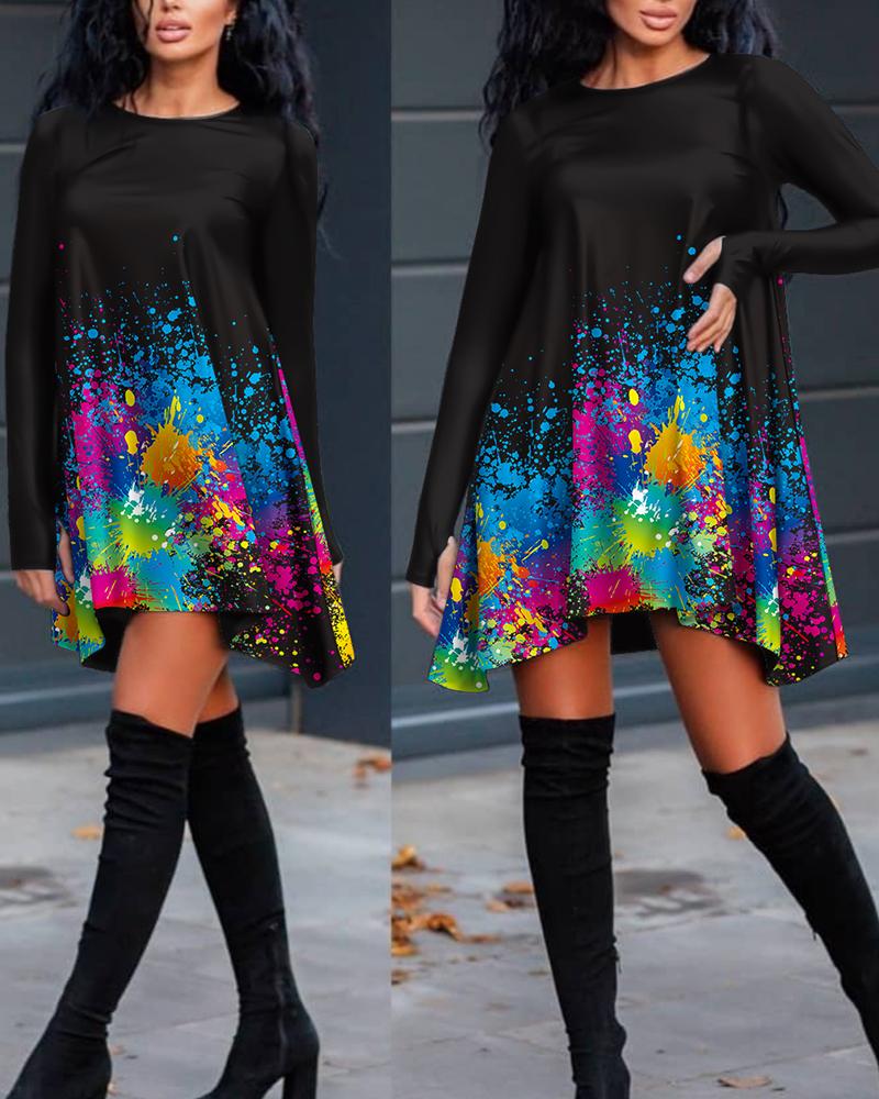 

Ink Splash Print Long Sleeve Smock Dress, Black