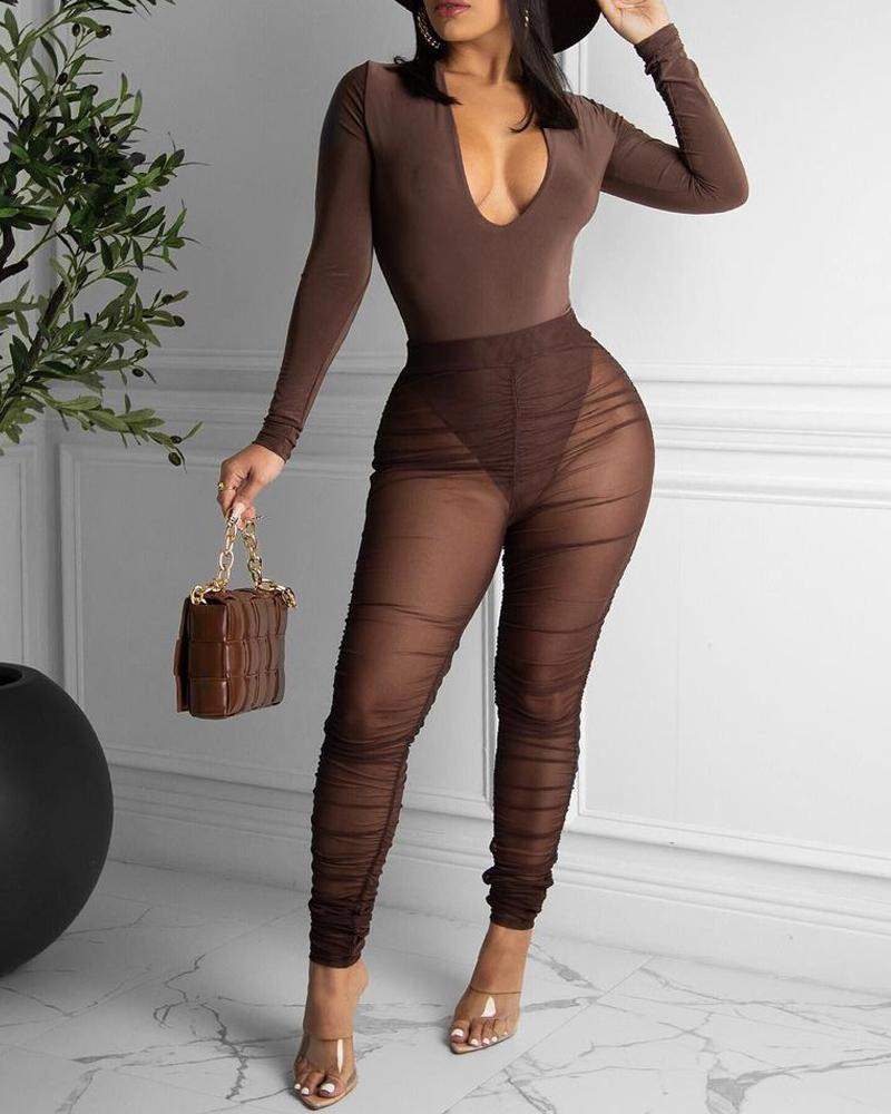 

Long Sleeve Plunging Bodysuit & Sheer Mesh Pants Set, Coffee