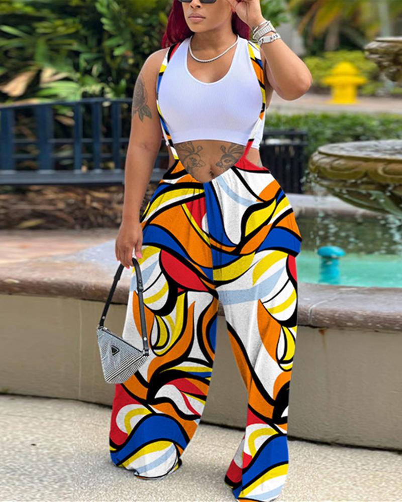 

Abstract Print Wide Leg Suspender Jumpsuit, Multicolor
