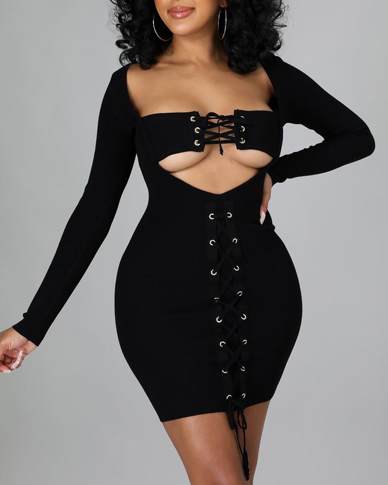 

Cutout Lace-up Long Sleeve Bodycon Dress, Black