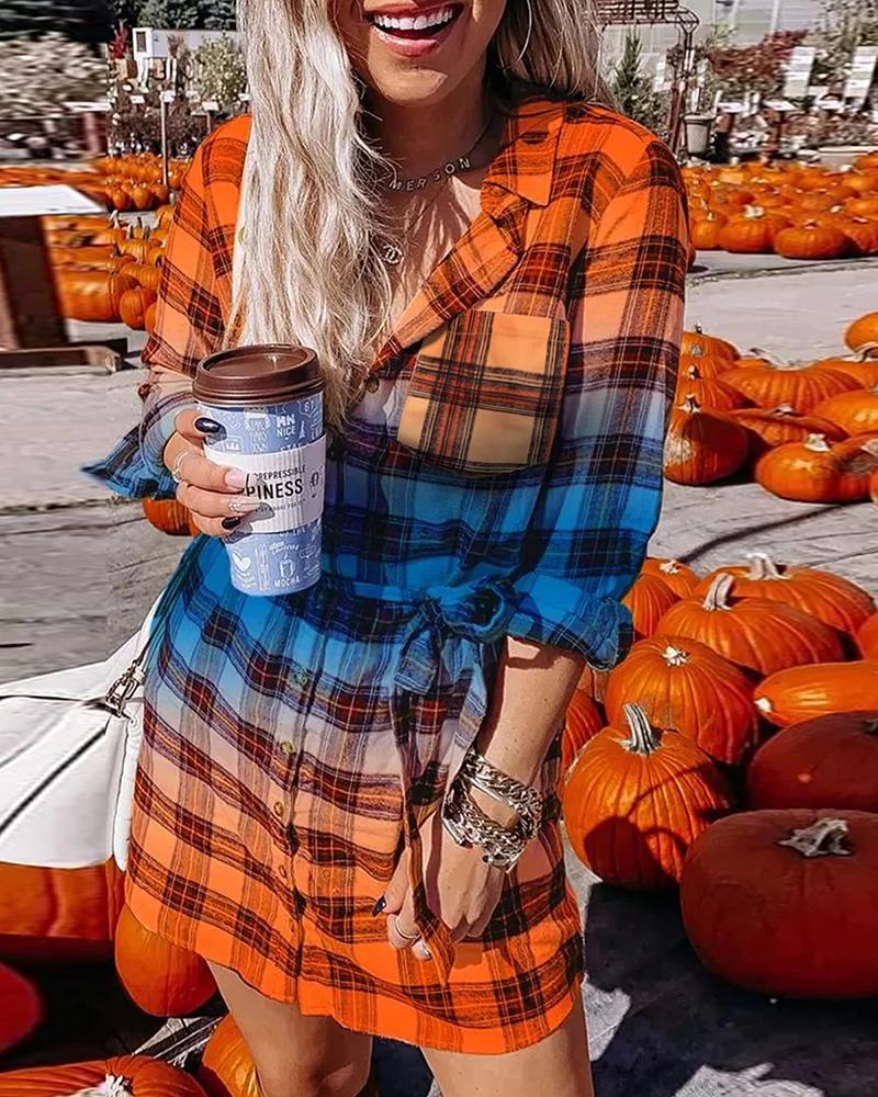 

Plaid Print Ombre Tied Detail Casual Dress, Orange