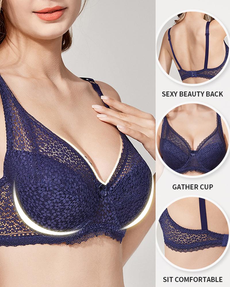 

Plus Size Bowknot Decor Crochet Lace Push Up Bra, Blue