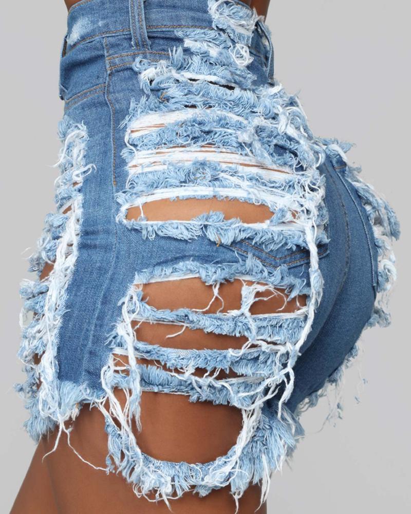 

High Waist Cutout Ripped Raw Hem Denim Shorts, Blue