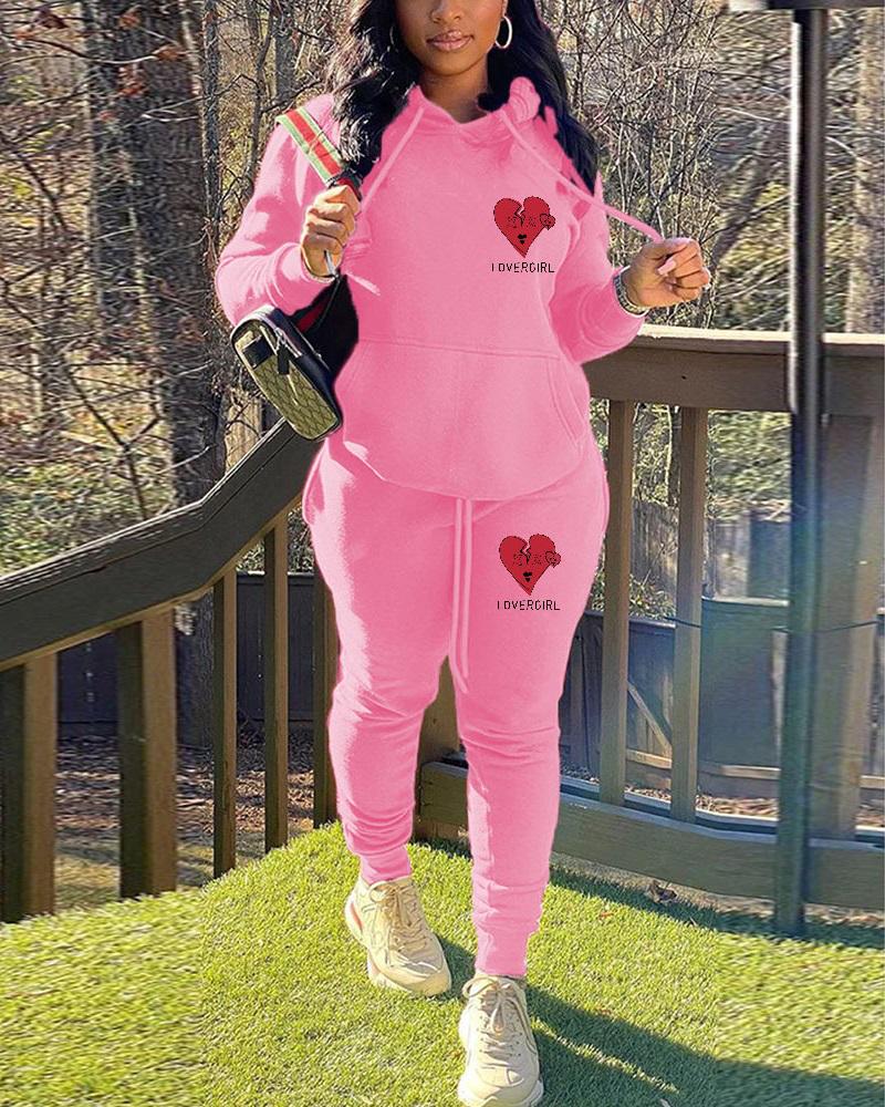 

Letter Heart Print Long Sleeve Hoodie & Pants Set, Pink