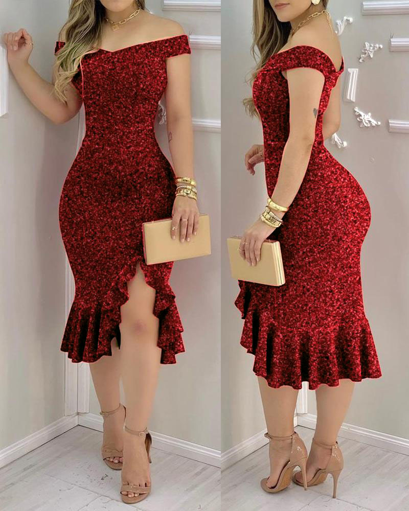 

Off Shoulder Glitter Ruffle Hem Slit Evening Dress, Red