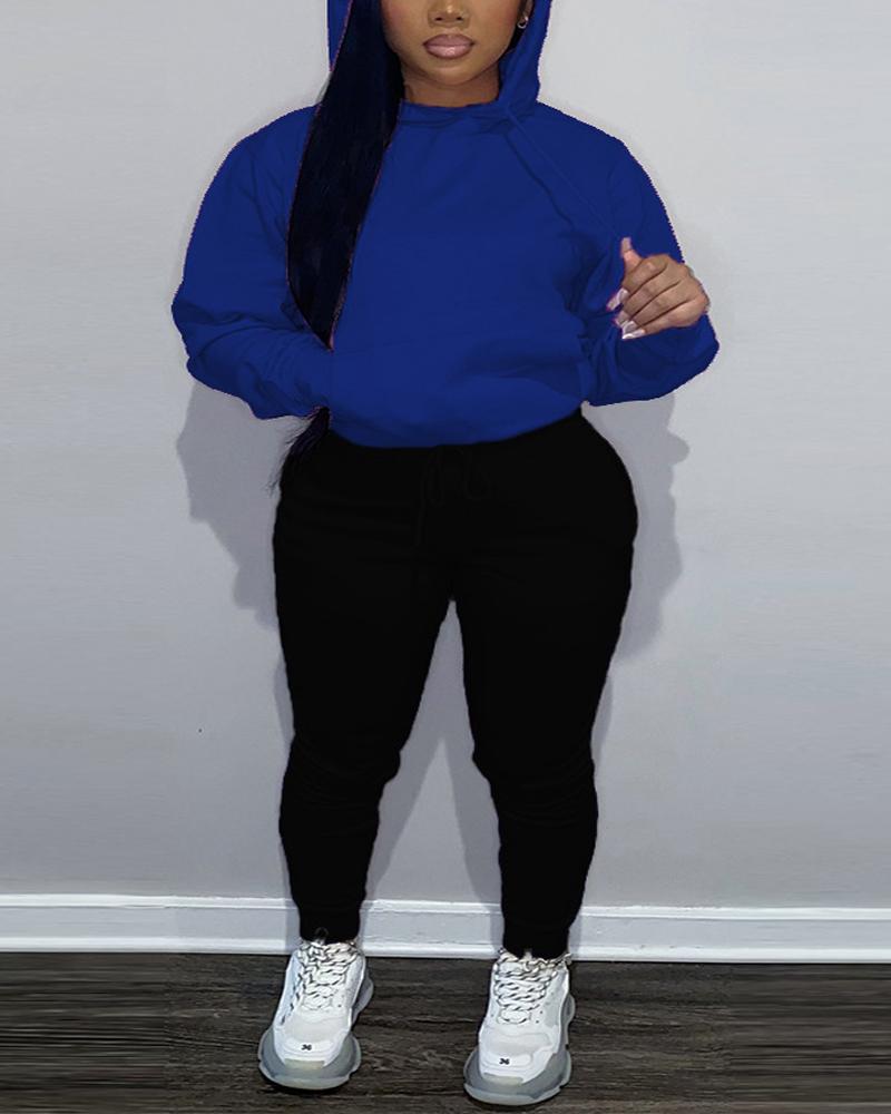 

Plus Size Long Sleeve Drawstring Hoodie & Pants Set, Blue