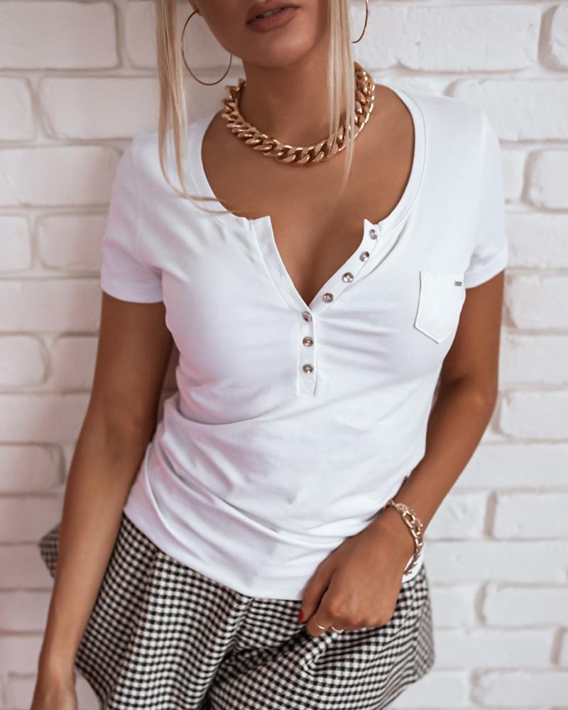 

Button Decor Short Sleeve Casual T-shirt, White