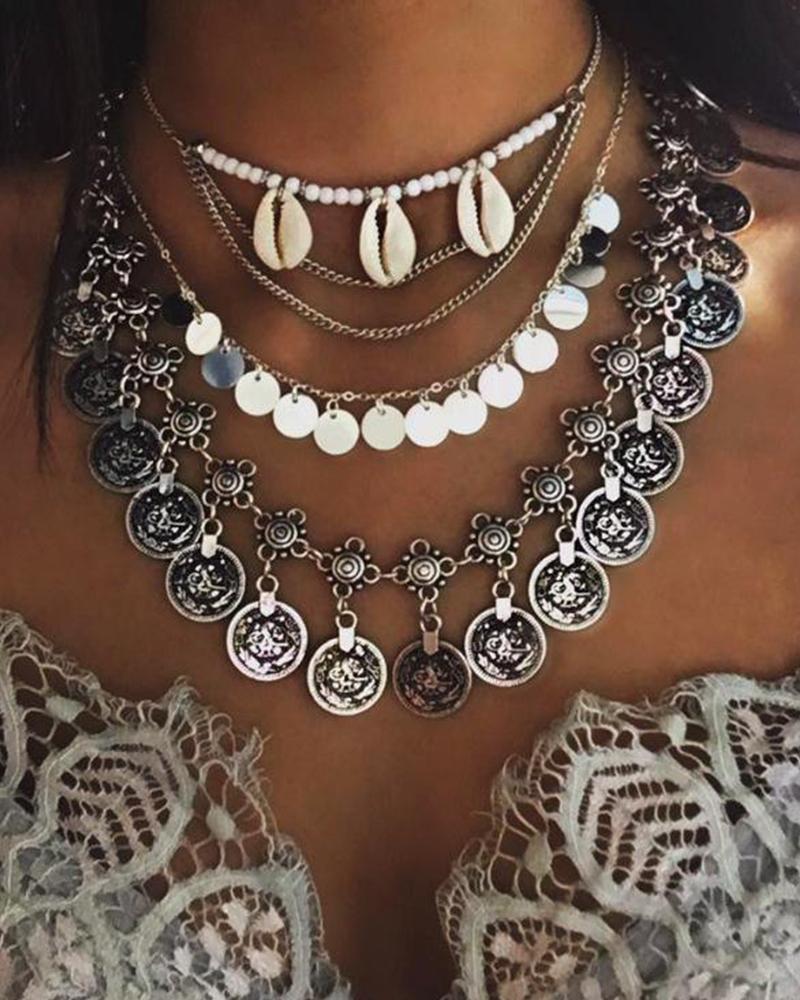 

Bohemian Coin Tassel Multi-layer Necklace, Silver