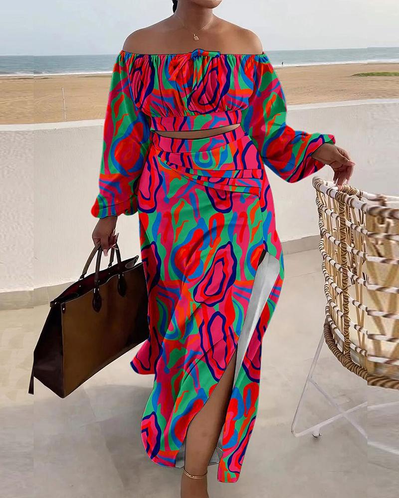 

Multi-Color Abstract Print Lantern Sleeve Top & Slit Skirt Set, Pink