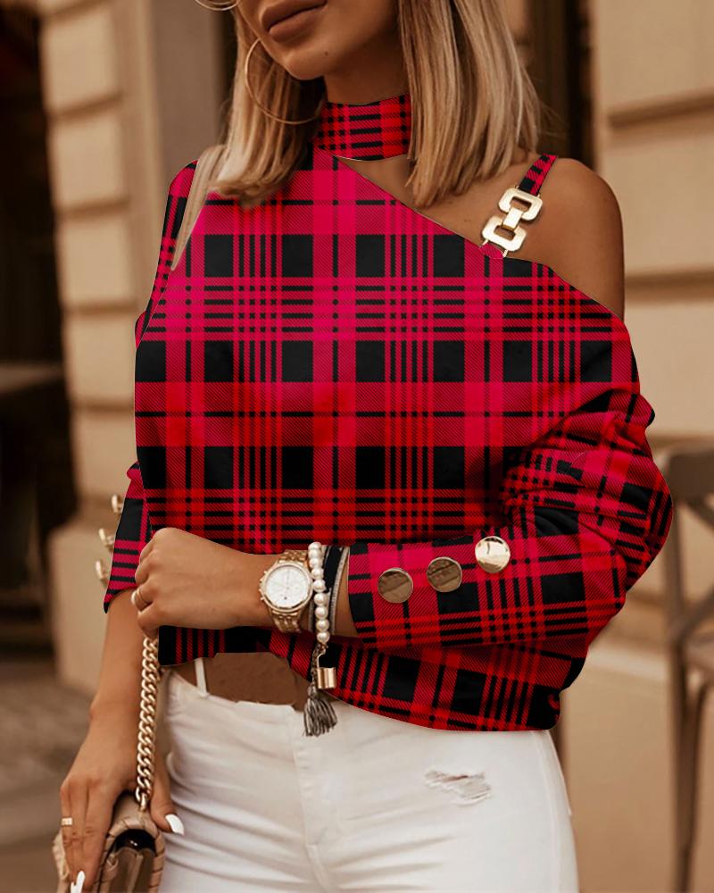 

Plaid Print Cold Shoulder Chain Decor Top, Red