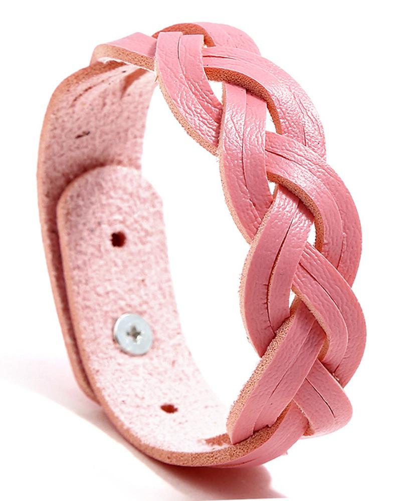 

1pc Braided PU Leather Bracelet, Pink