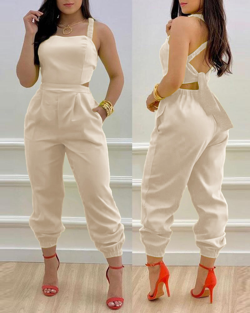 

Criss Cross Tied Detail Backless Jumpsuit, Apricot