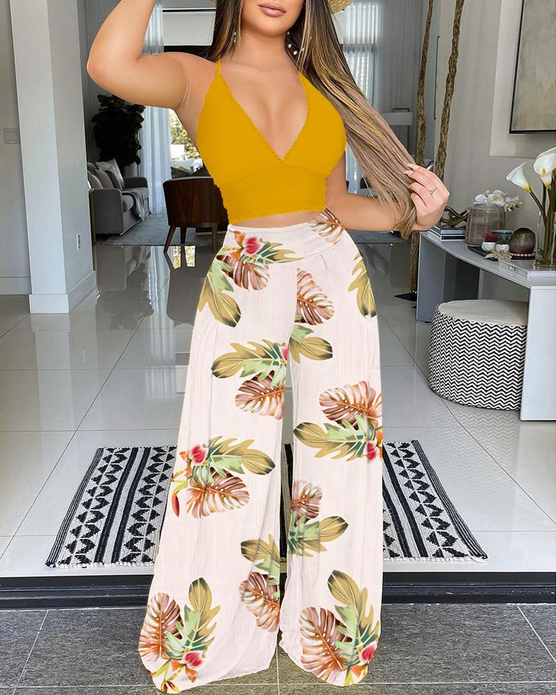 

Floral Hem Patchwork Cami Top & Leaf Print Maxi Pants Set, Yellow