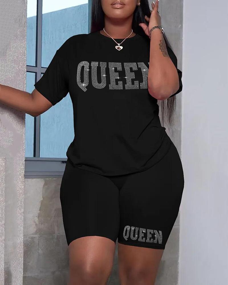 

Plus Size Rhinestone Letter Pattern Top & Shorts Set, Black