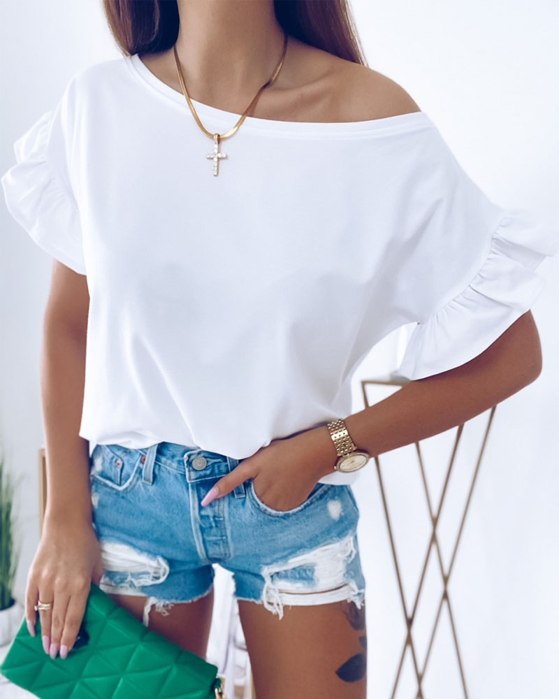 

Ruffle Hem Short Sleeve Casual T-shirt, White