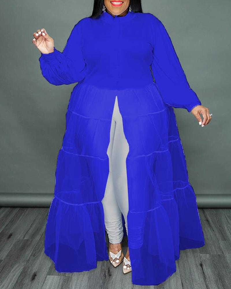 

Plus Size Button Front Contrast Mesh Shirt Dress, Blue