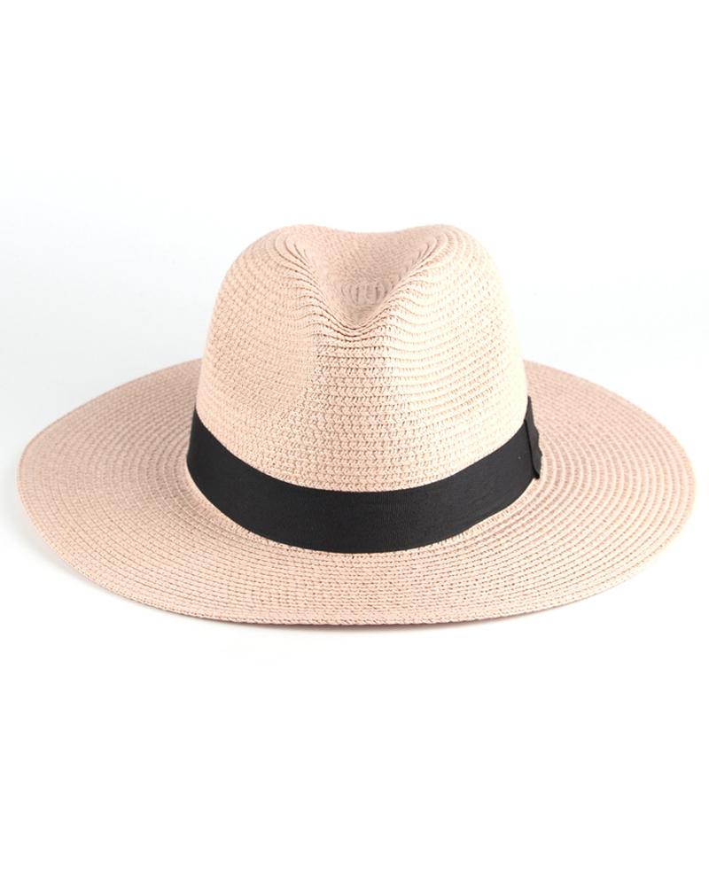 

Contrast Tape Straw Hat, Pink