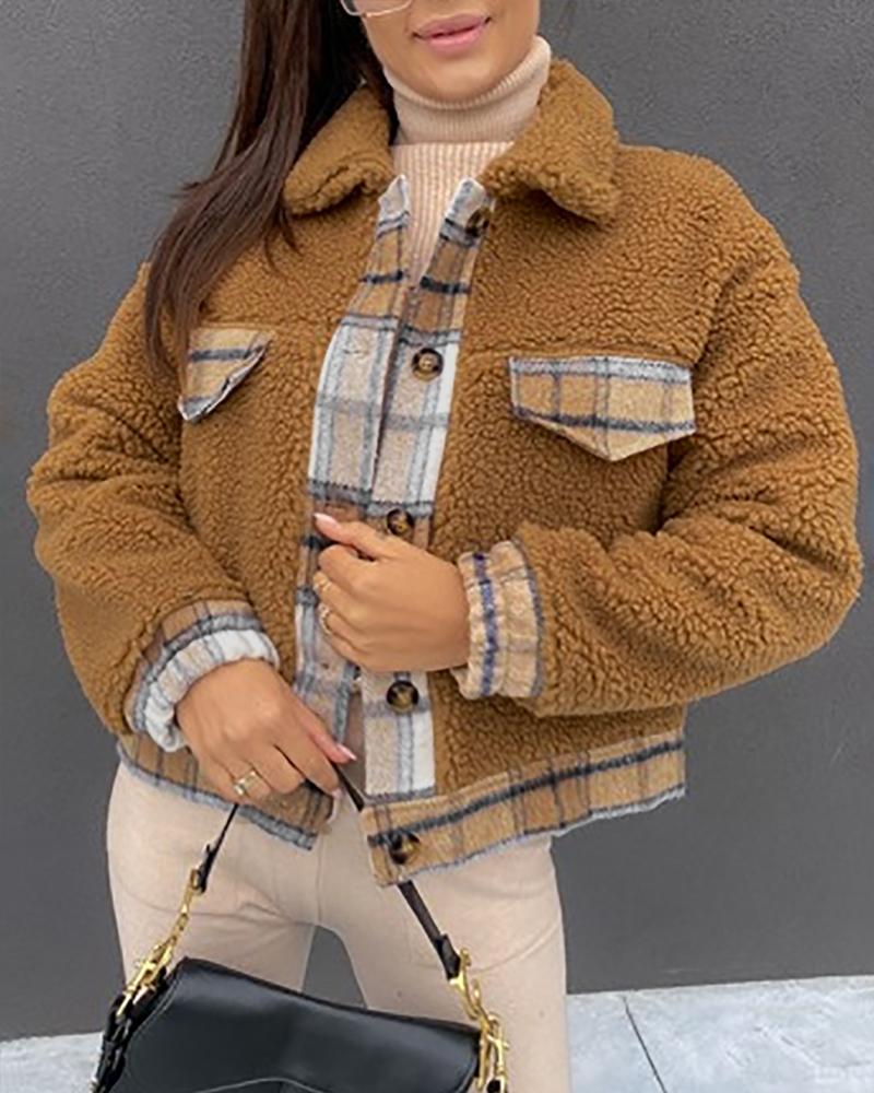 

Plaid Print Pocket Design Teddy Coat, Brown