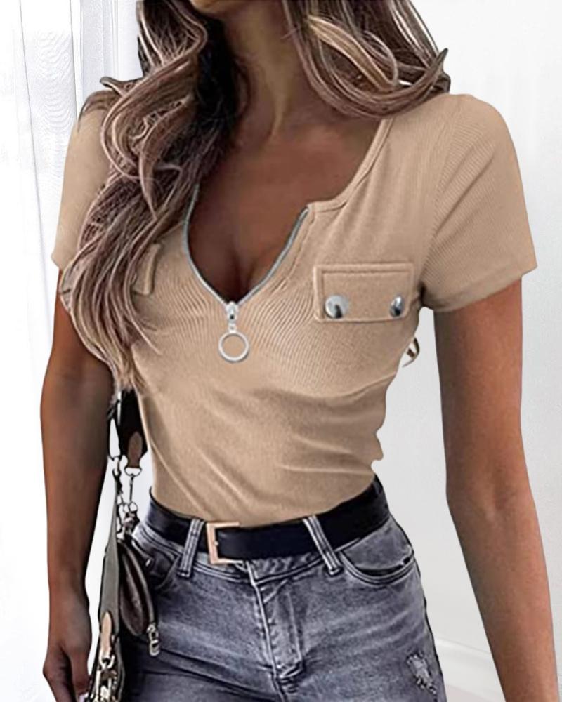 

Short Sleeve Zipper Front Casual T-shirt, Khaki