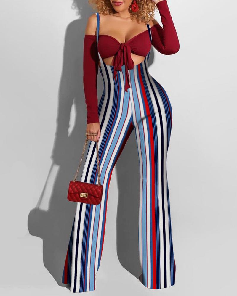 

Thick Strap Striped Colorblock Suspender Pants, Blue