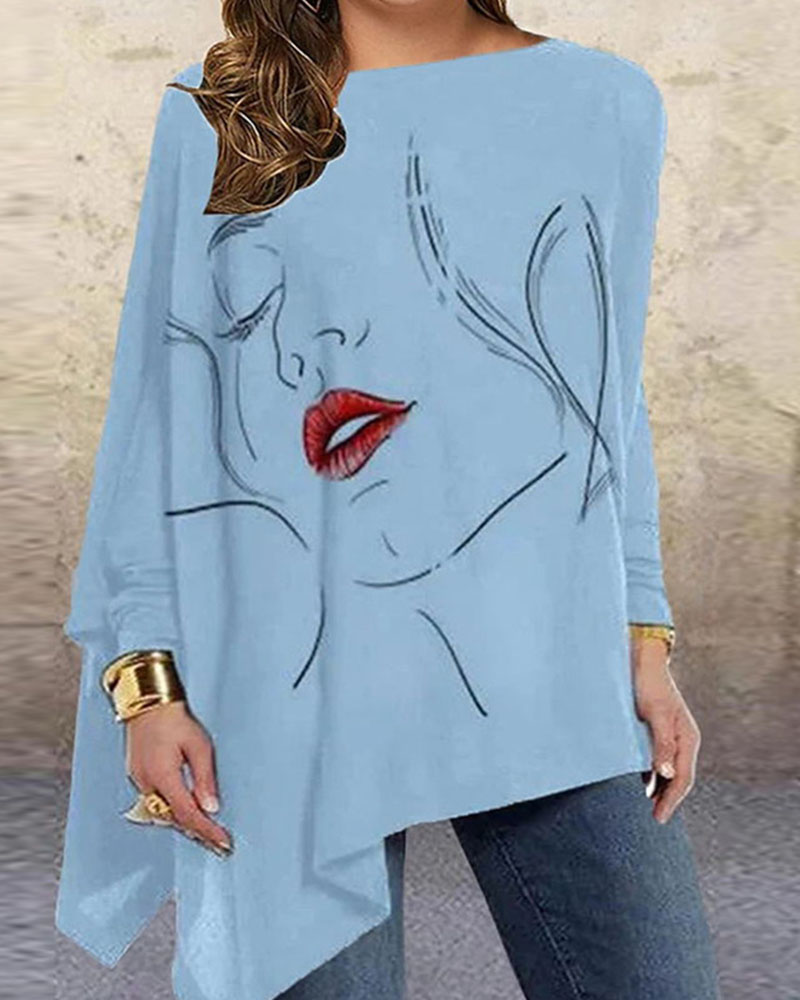 

Plus Size Figure Print Asymmetrical Long Sleeve Top, Blue