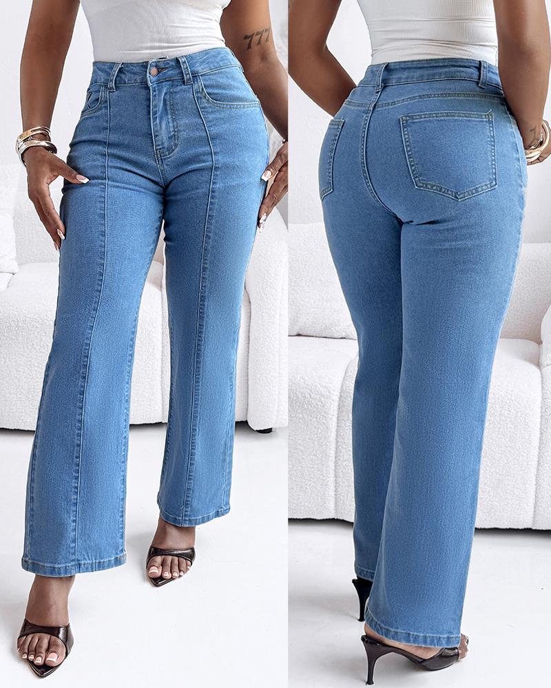 

Pantalon en jean coupe droite avec coutures sur le devant et braguette zippée décontractée avec poches, Blue