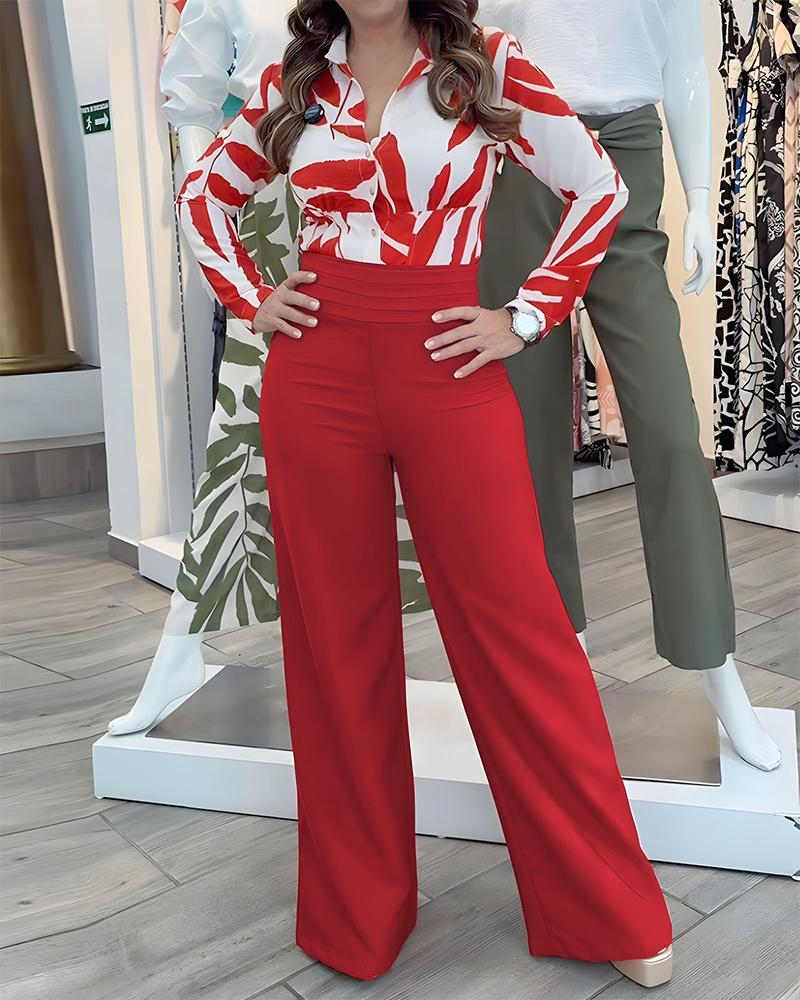 

Floral Print Turn-down Collar Long Sleeve Blouses and Casual High Waist Zipper Pants Set, Red