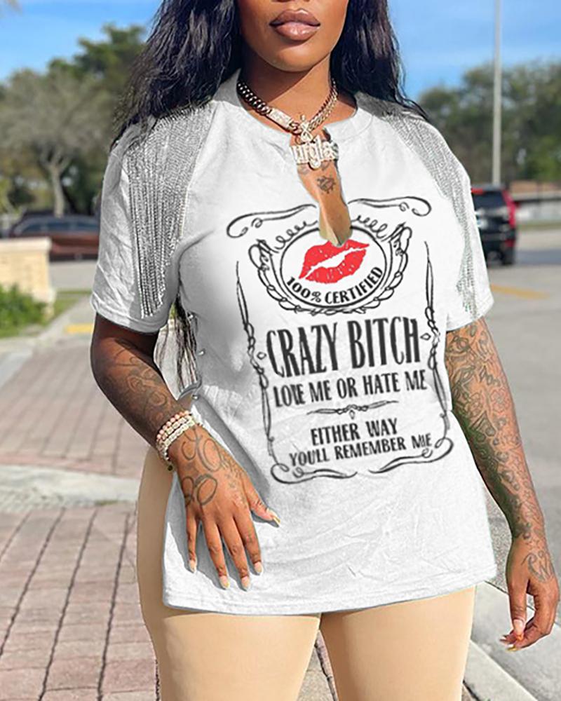 

Lip Letter Print Tassel Design Slit T-shirt, White