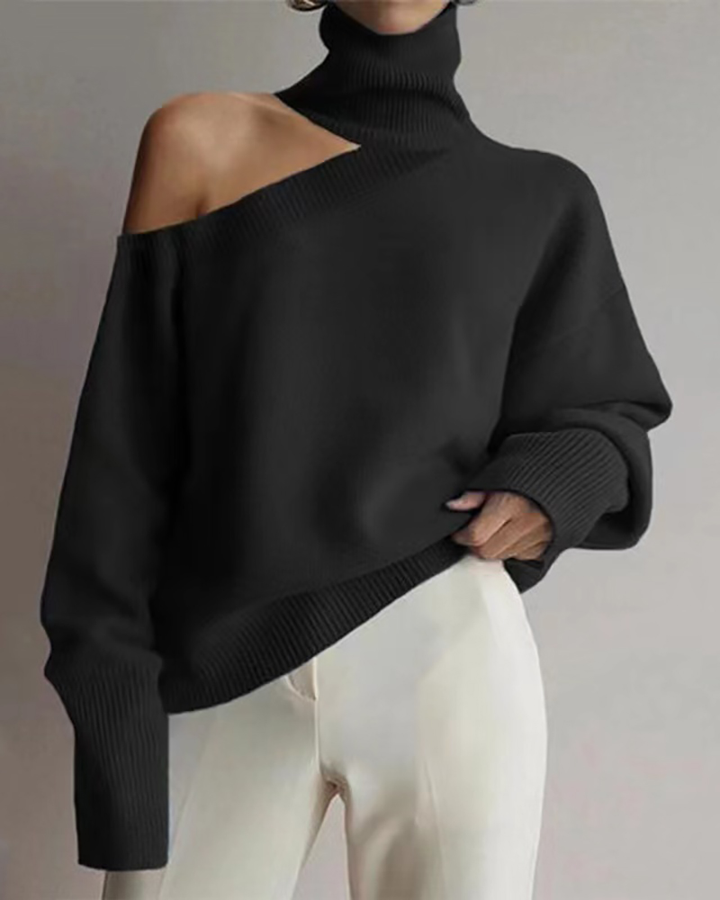 

Cold Shoulder High Neck Long Sleeve Sweater, Black