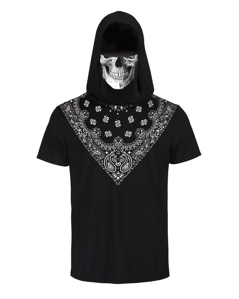 

Hooded Casual T-shirt With Ear Loop Face Bandana, Black