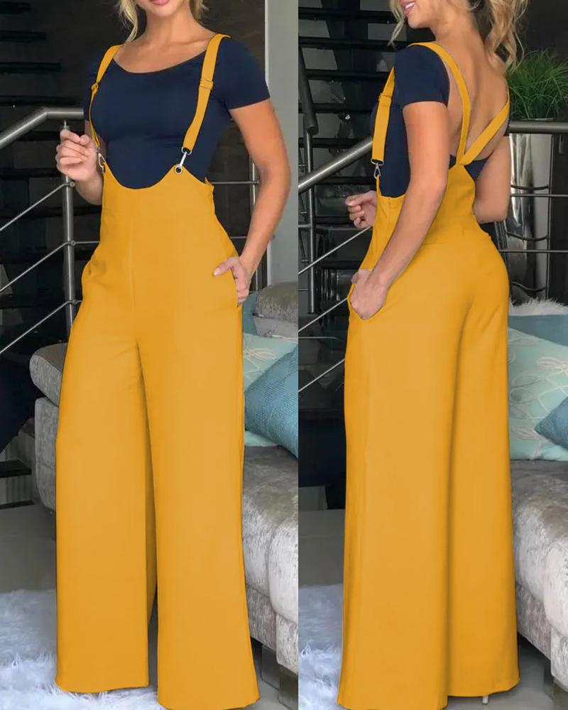 

Wide Leg Pocket Design Suspender Jumpsuit, Yellow