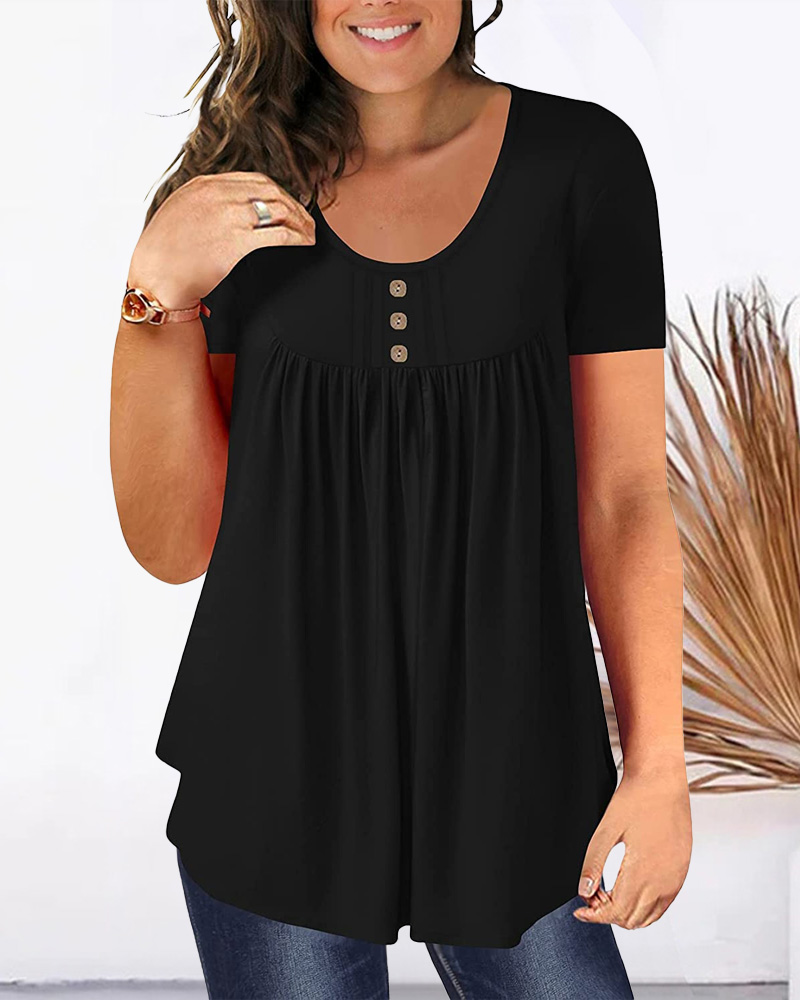 

Plus Size Ruched Buttoned Short Sleeve Top, Black