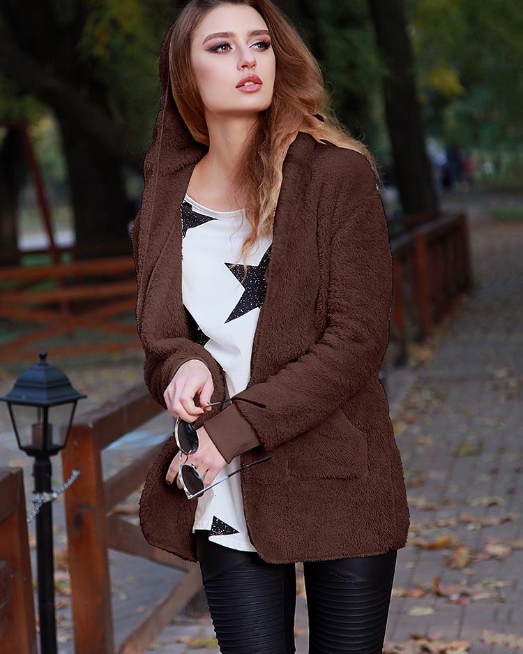 

Warm Solid Pocket Design Hoodies Fluffy Coat, Coffee