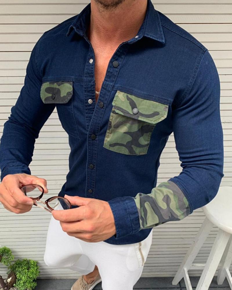 

Solid Color Splicing Camouflage Print Long Sleeve Jacket T-shirt, Purplish blue