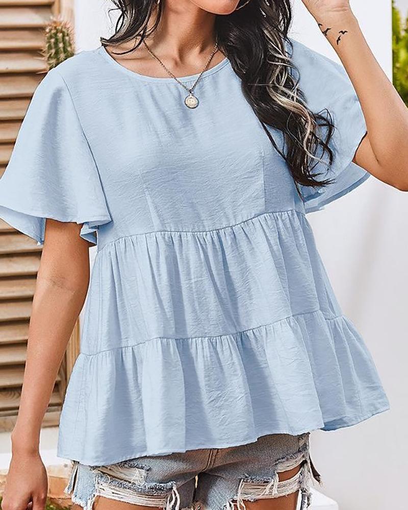 

Ruffles Sleeve Ruched Casual T-shirt, Blue