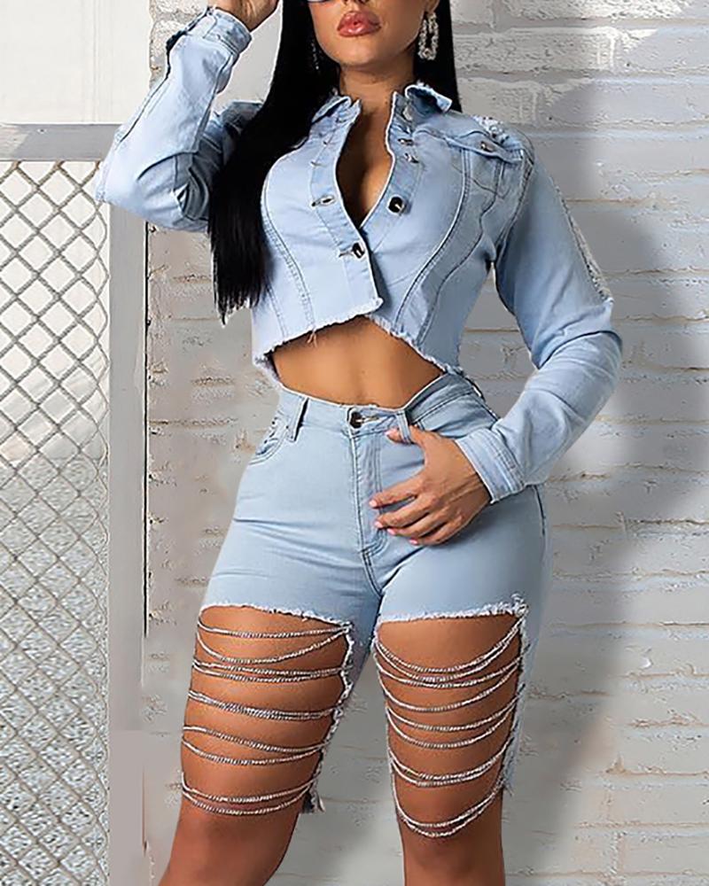 

Irregular Rhinestone Chain Washed Denim Shorts, Lighted blue