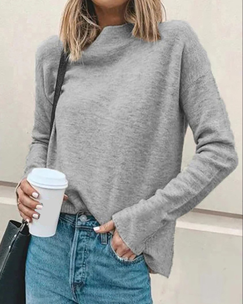 

Long Sleeve High Neck Knit Sweater, Gray