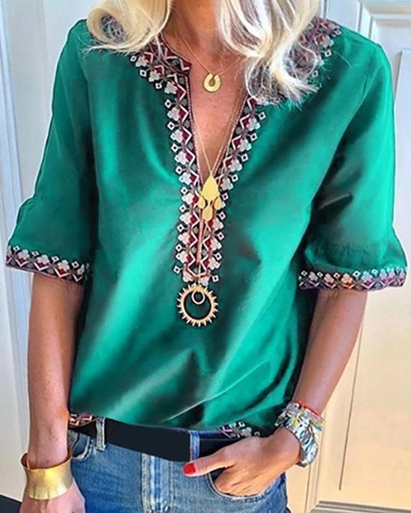 

V Neck Ethnic Print Casual Blouse, Green