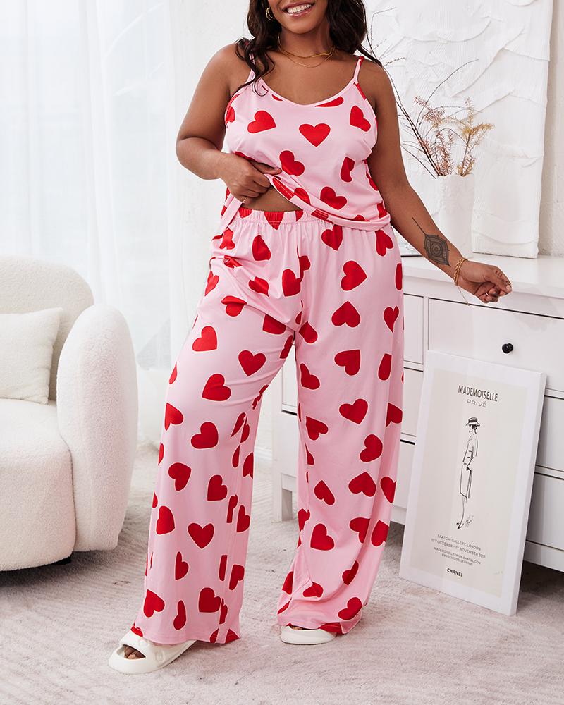 

Plus Size Heart Print Spaghetti Strap Wide Leg Cami Set, Pink