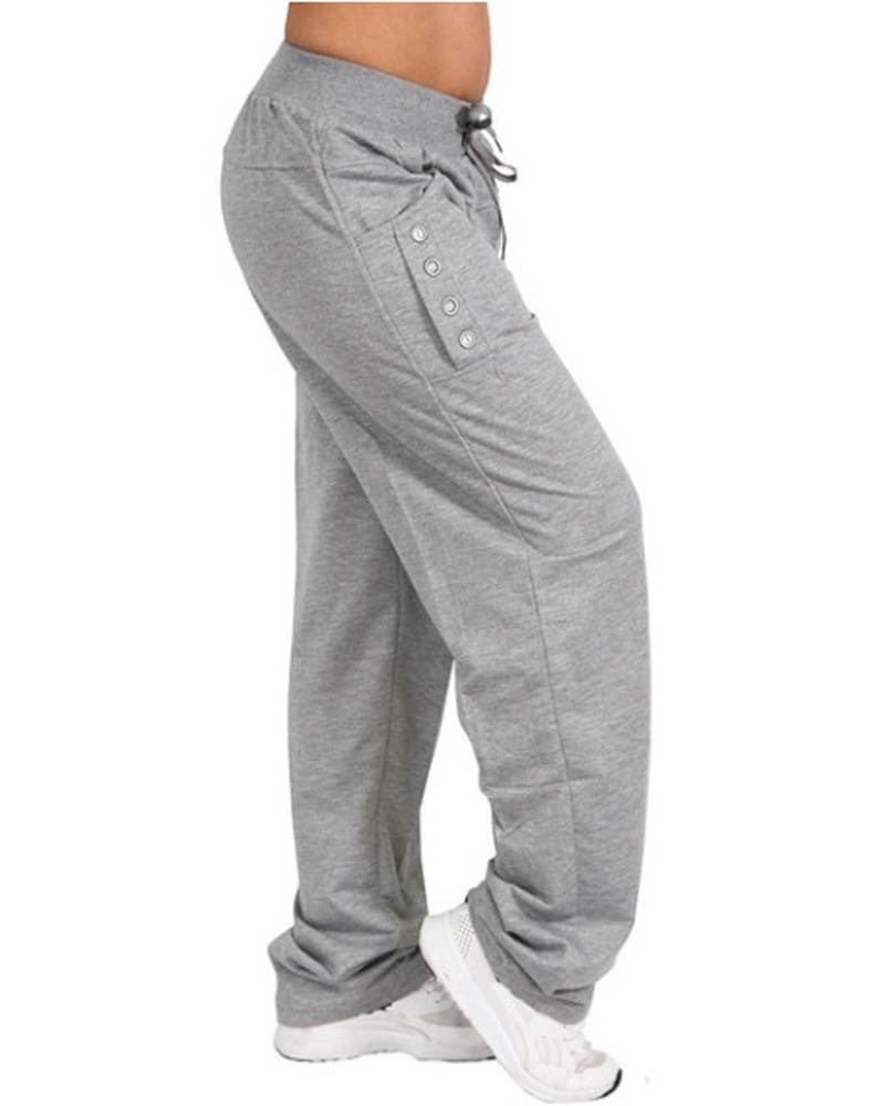 

Button Decor Slant Pocket Drawstring Straight Leg Pants, Light gray