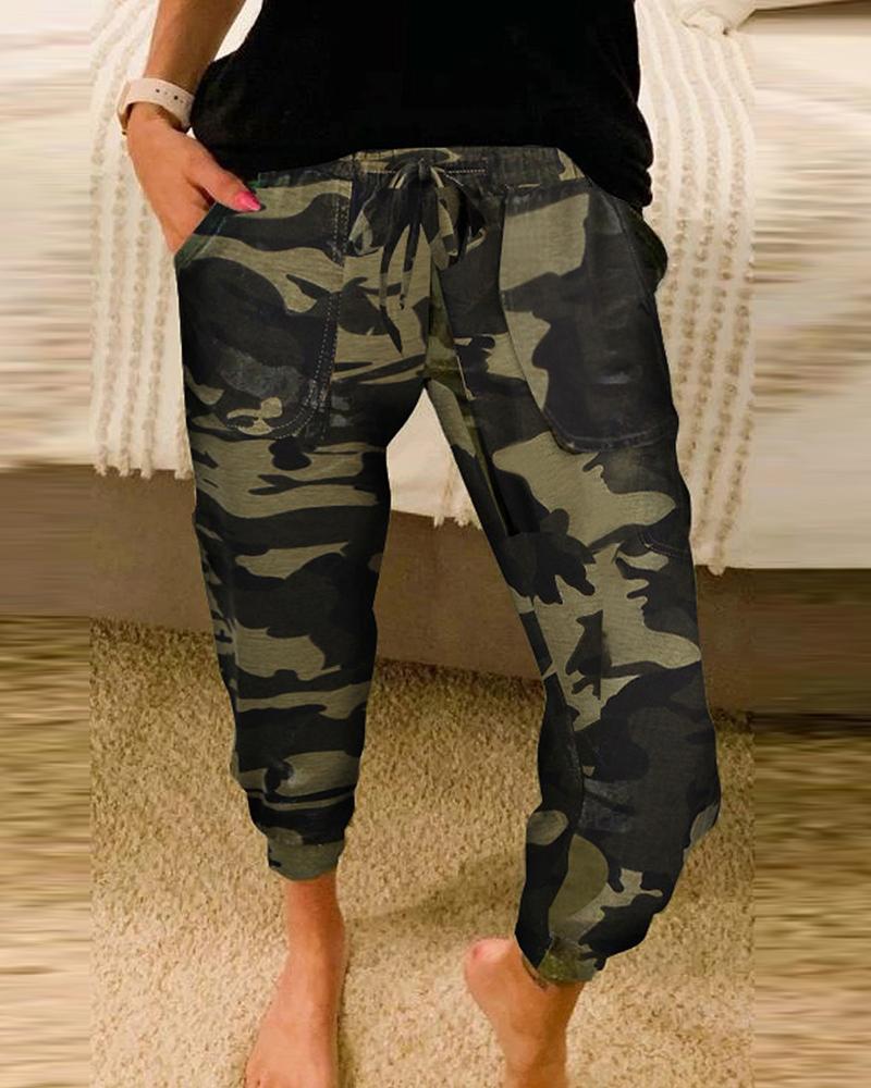

Camouflage Print Pockets Design Drawstring Pants, Green