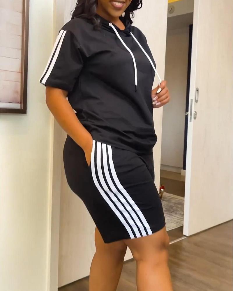 

Side Striped Hooded Top & Shorts Set, Black